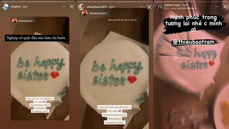 Thiều Bảo Trâm cùng những người bạn cùng thổi bánh kem có dòng chữ "Be Happy sister"