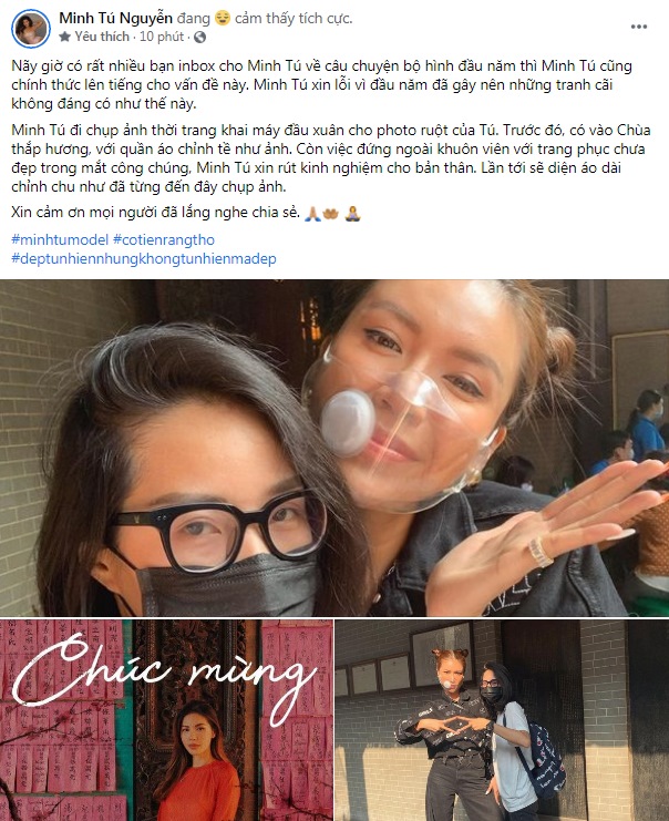 Mới đây, Minh Tú có động thái bày tỏ thái độ xin lỗi cộng đồng mạng vì gây tranh cãi trang phục đi chùa của cô nàng