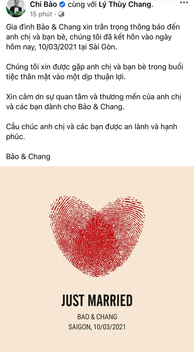 Nguyên văn chia sẻ thông tin kết hôn của Chi Bảo
