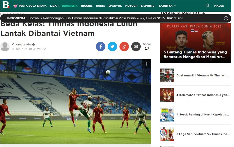 Indonesia khen ngợi tuyển Việt Nam