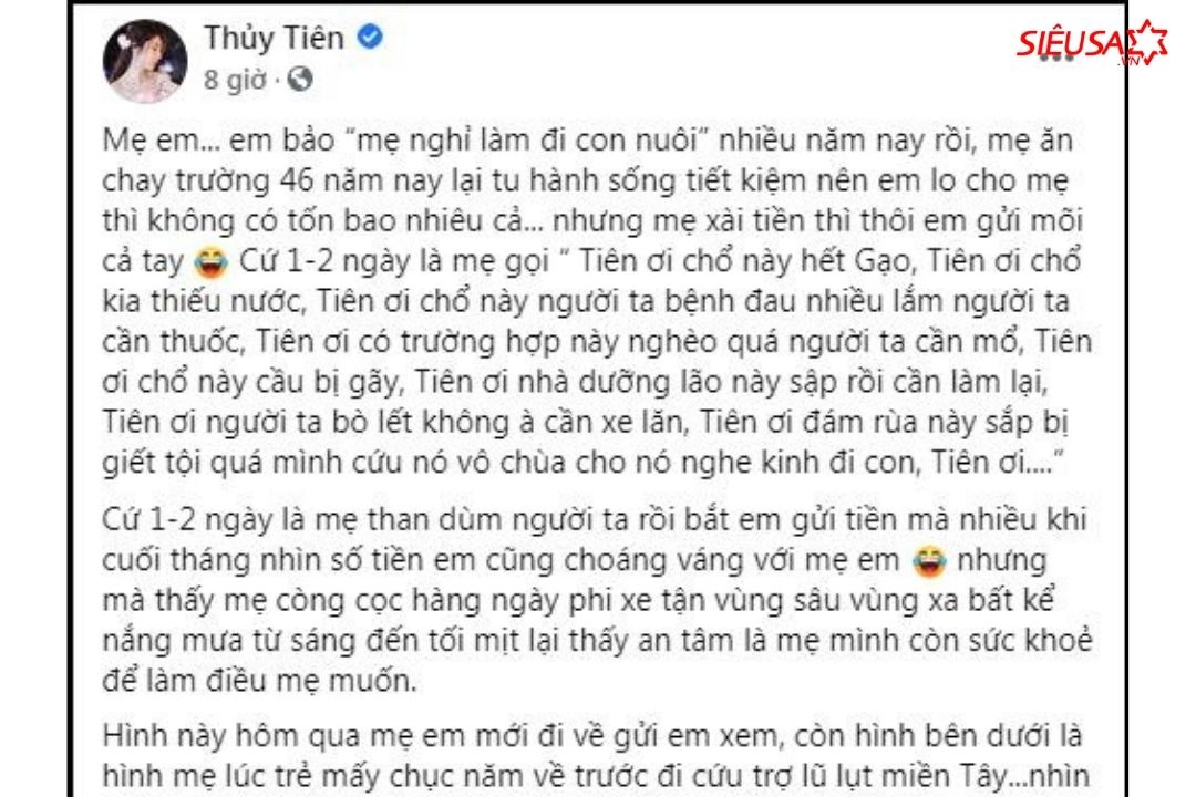 Chia sẻ mới nhất của Thủy Tiên về việc từ thiện của mẹ mình
