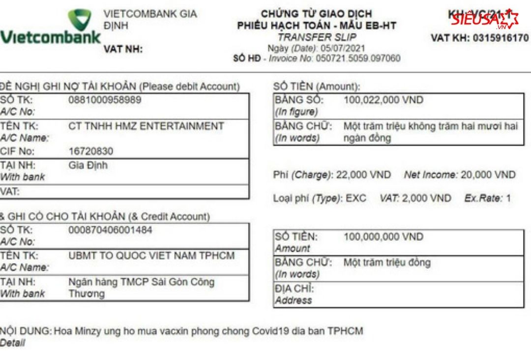 Hòa Minzy ủng công khai hóa đơn chuyển khoản ủng hộ TP HCM